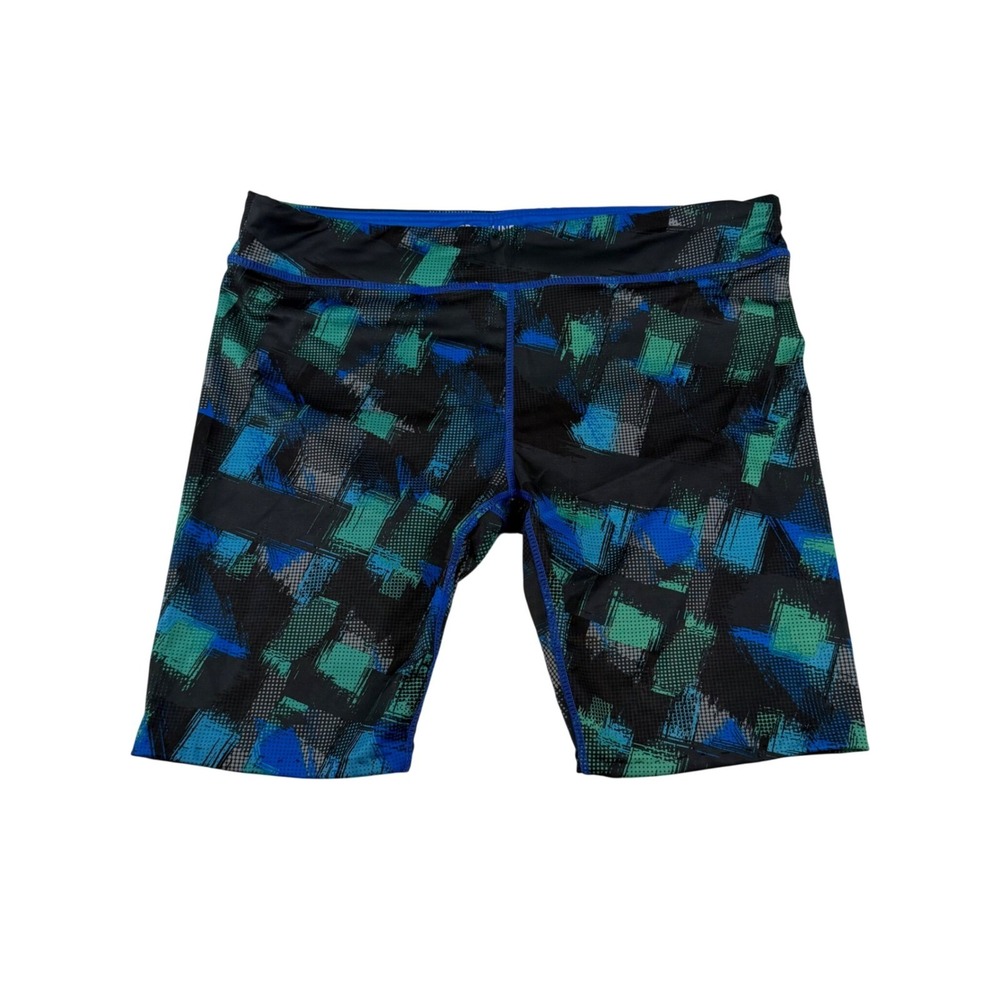 Sportline WoMens Size 32w Blue Green Abstract Geometric Compression Biker Shorts